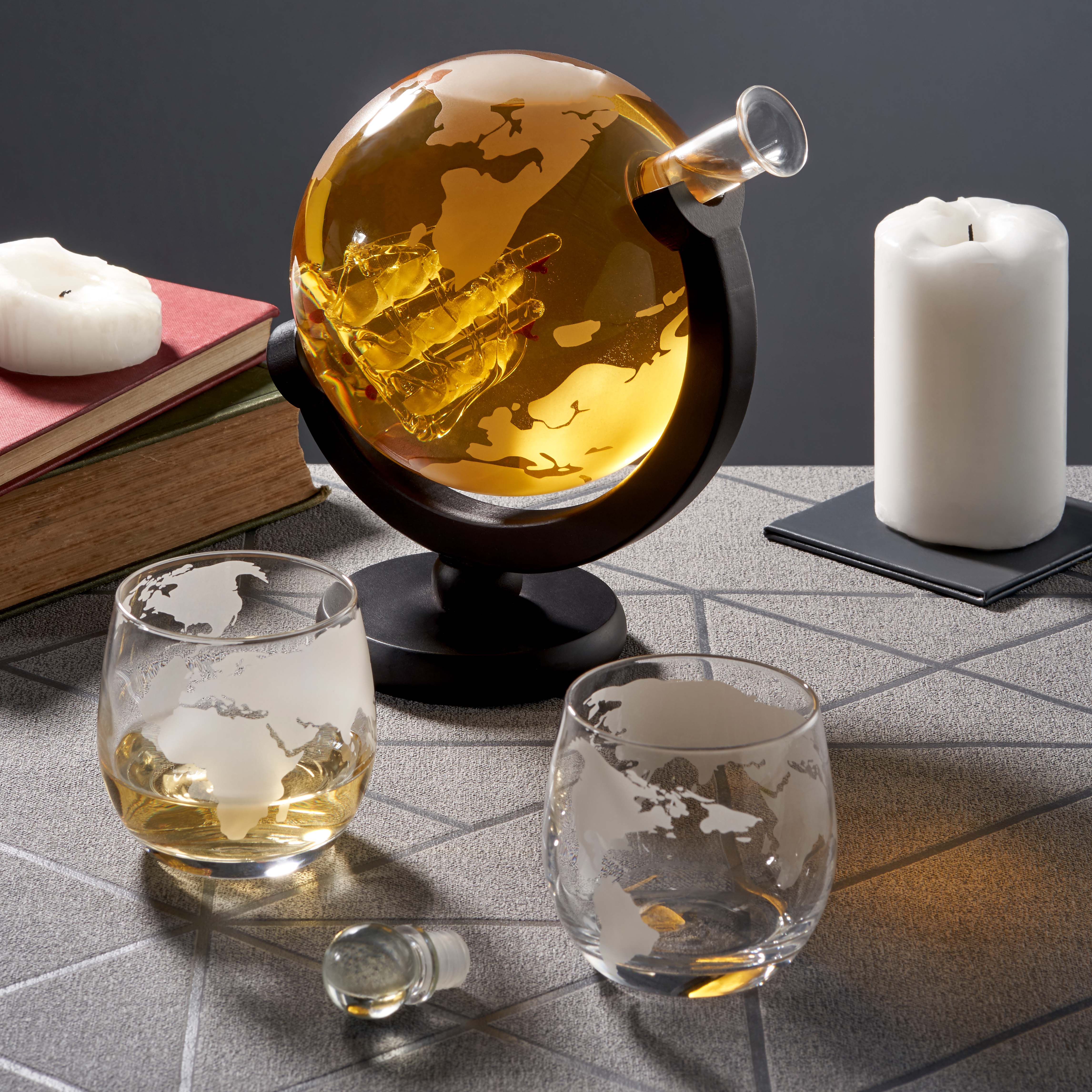 Oak & Steel Glass Globe decanter whisky mappamondo con pietre