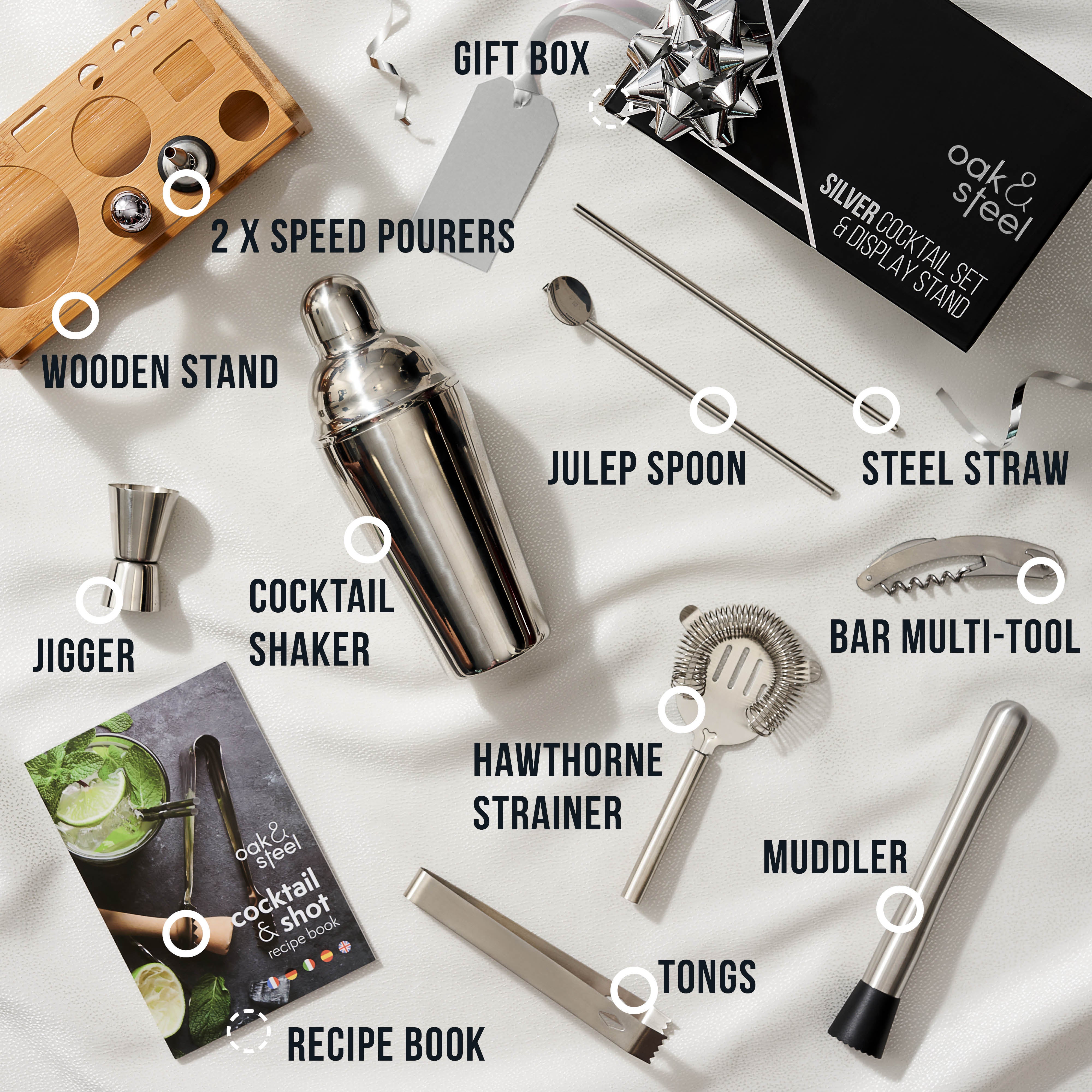 OS Oak & Steel Cocktail Sets set bar 13 pezzi argento legno