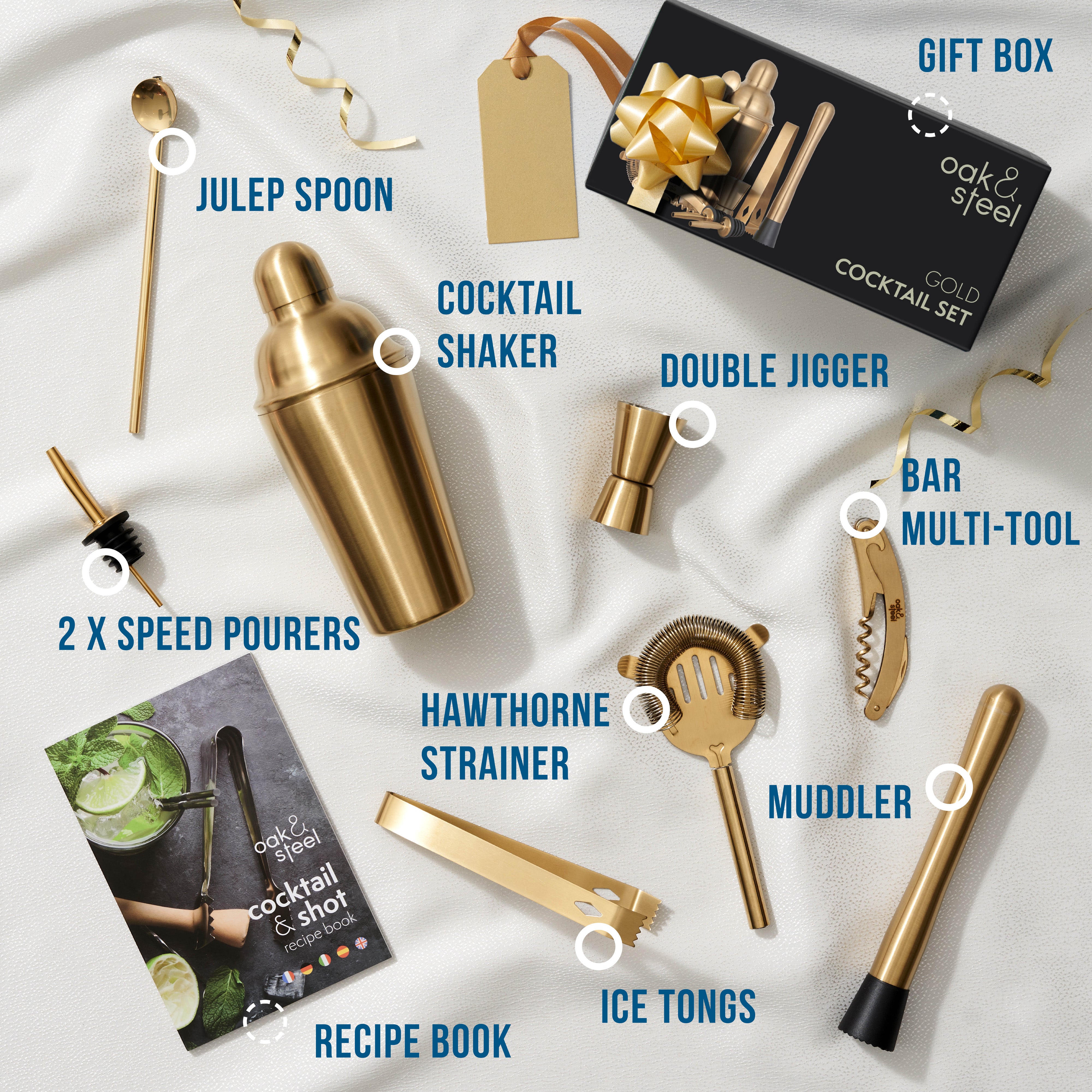 OS Oak & Steel Oro Set Cocktail Shaker Acciaio 10 Pezzi