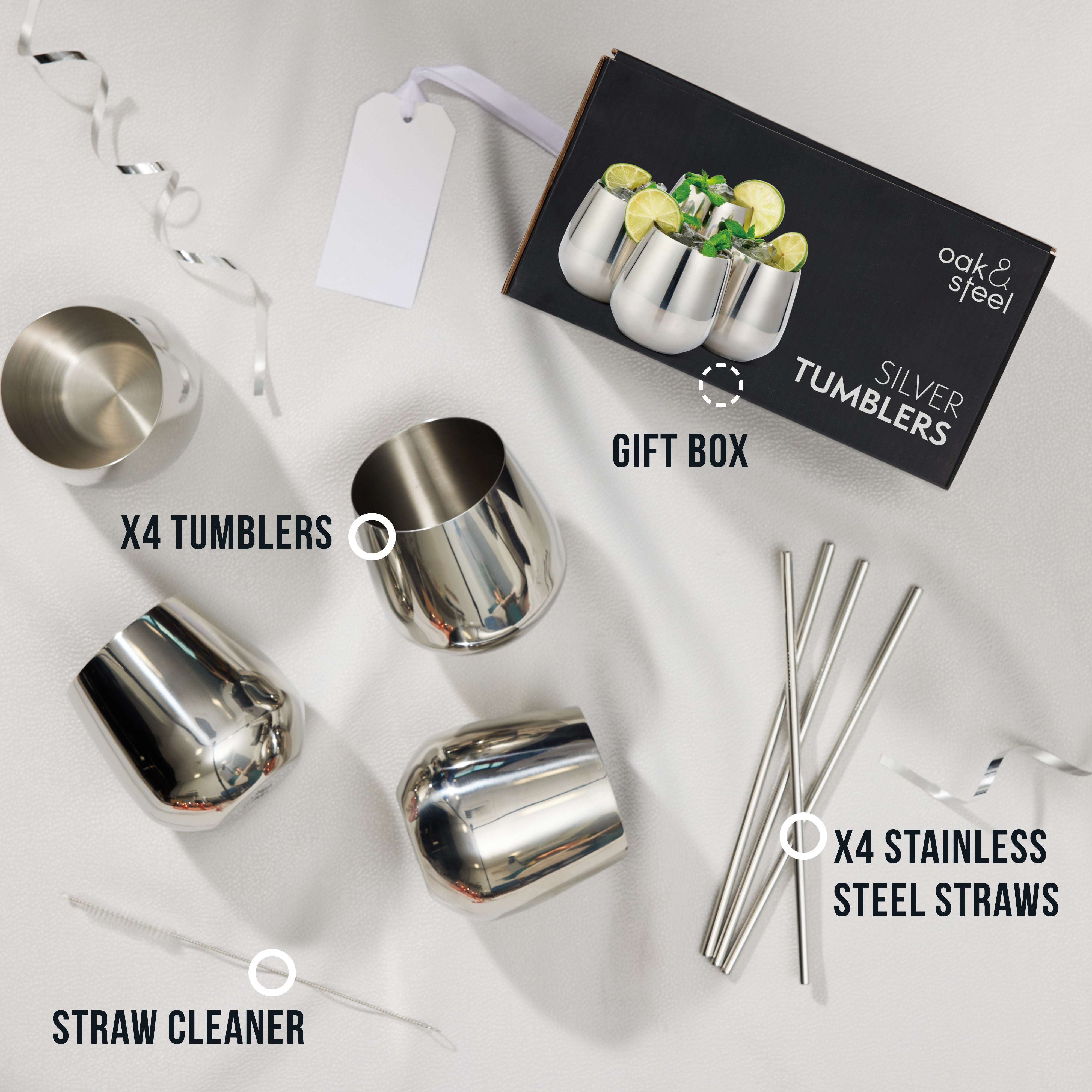 Oak & Steel Tumblers Bicchiere Acciaio Argento 4 Pezzi