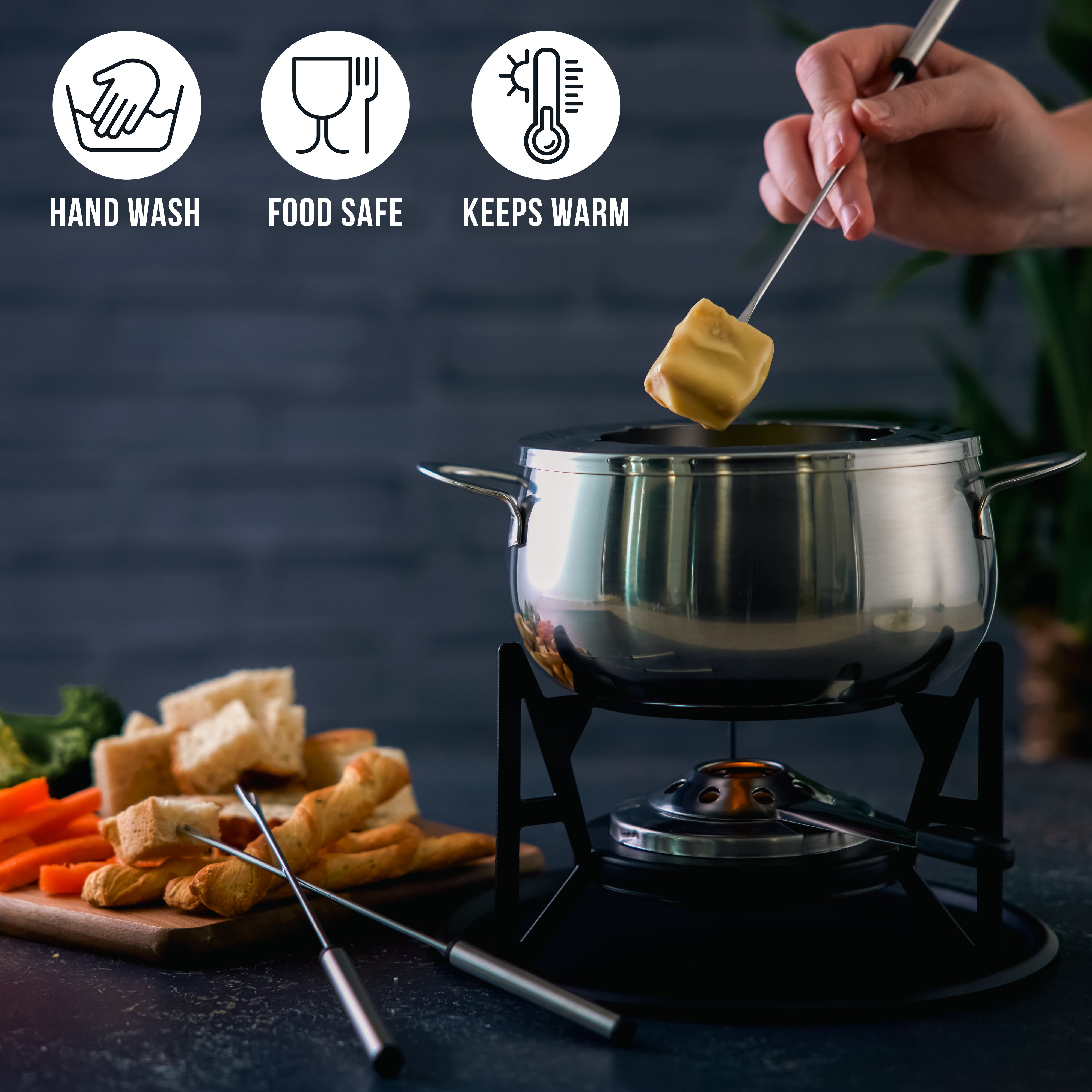 OS Oak & Steel Fondue Set Fonduta Acciaio 6 Forchette