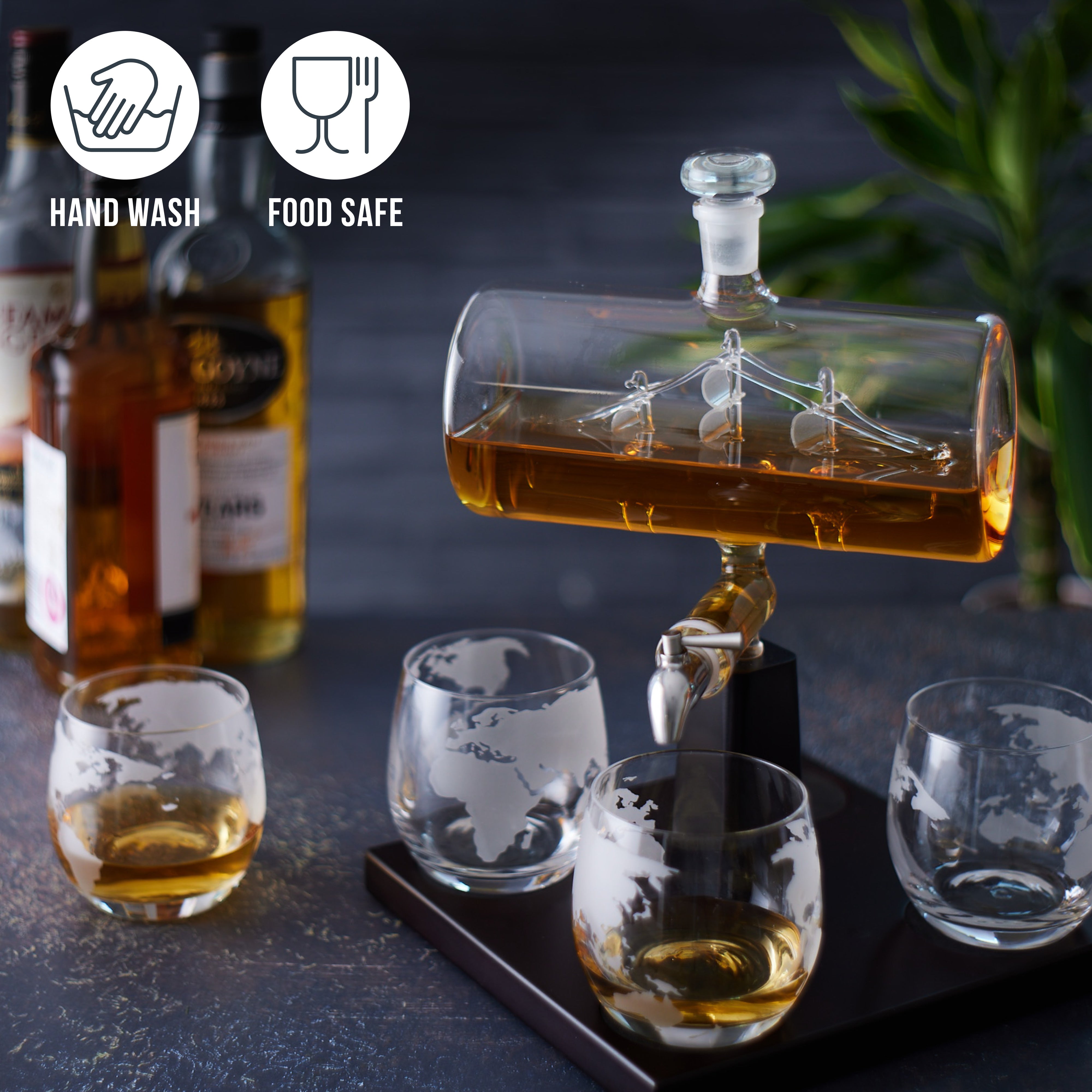 Oak & Steel Glass Ship decanter whisky vetro con 4 bicchieri