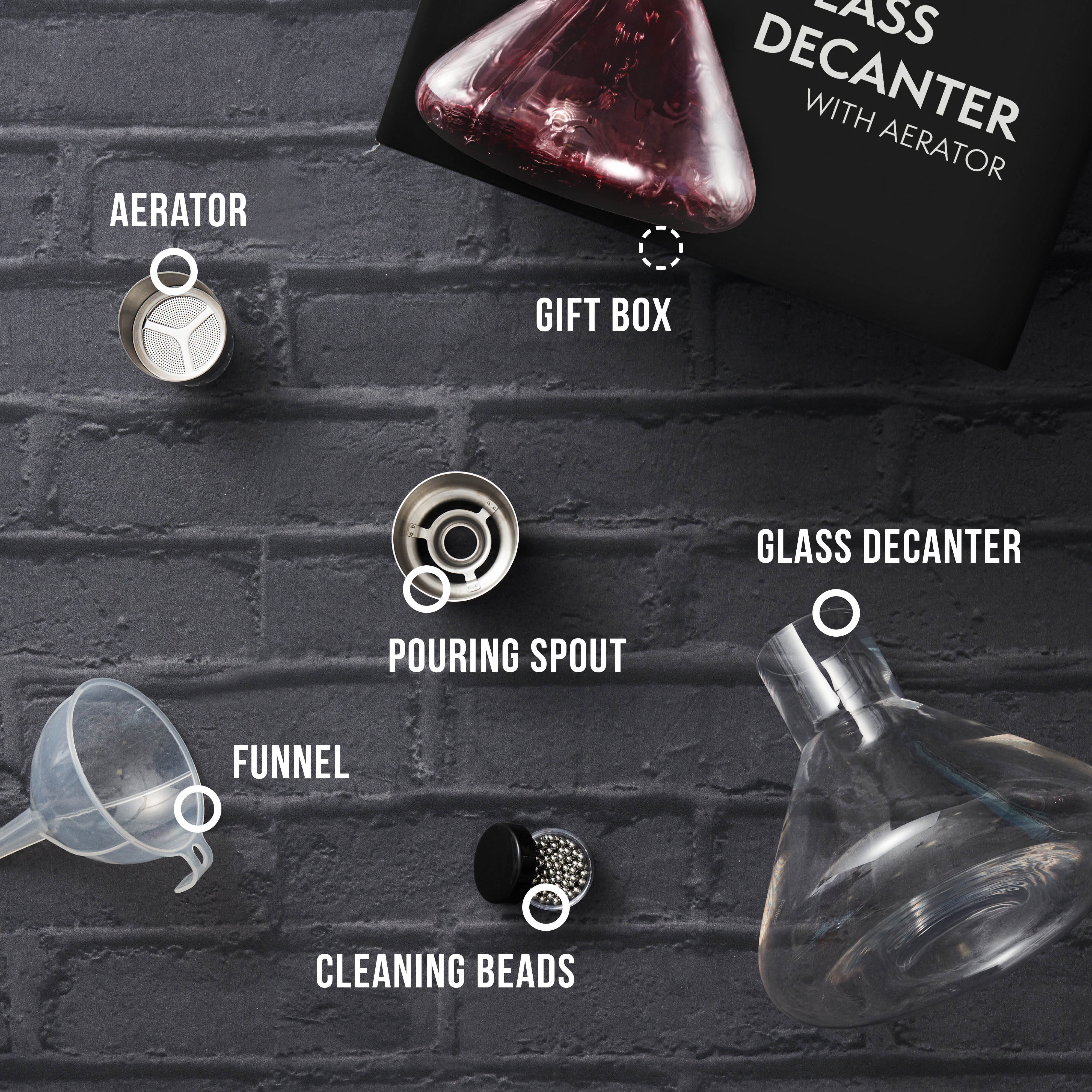 Oak & Steel decanter vino vetro con aeratore e imbuto