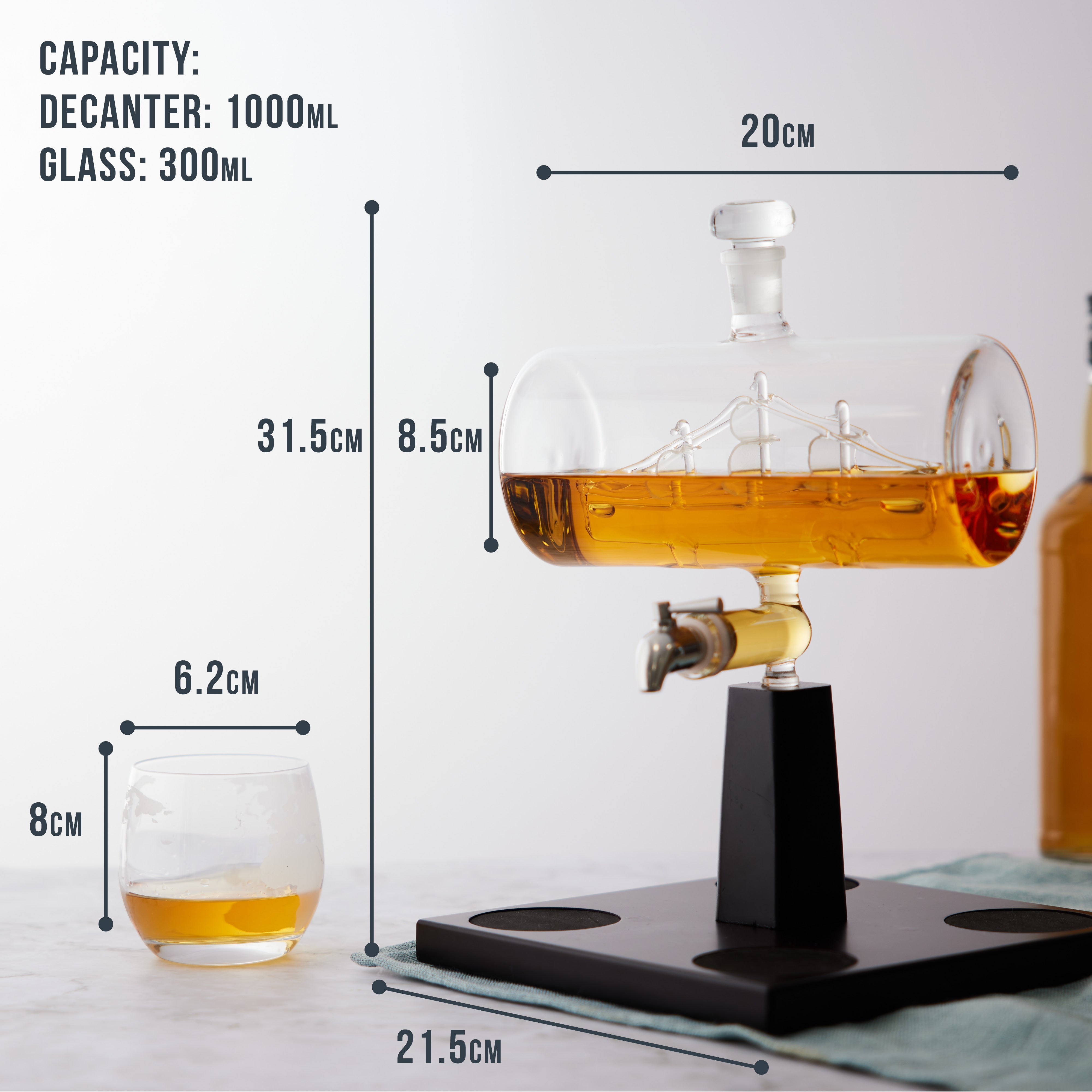 Oak & Steel Glass Ship decanter whisky vetro con 4 bicchieri