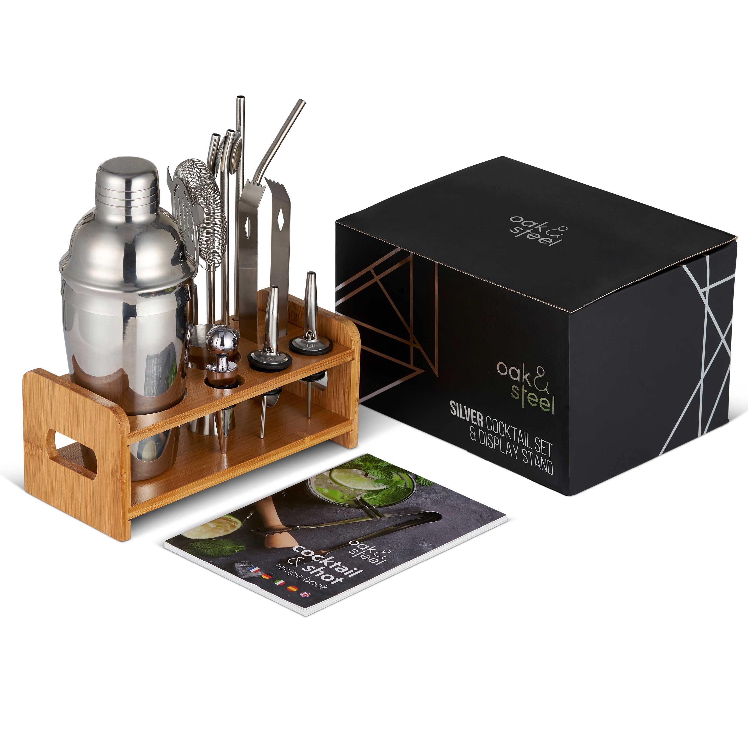 OS Oak & Steel Cocktail Sets set bar 13 pezzi argento legno