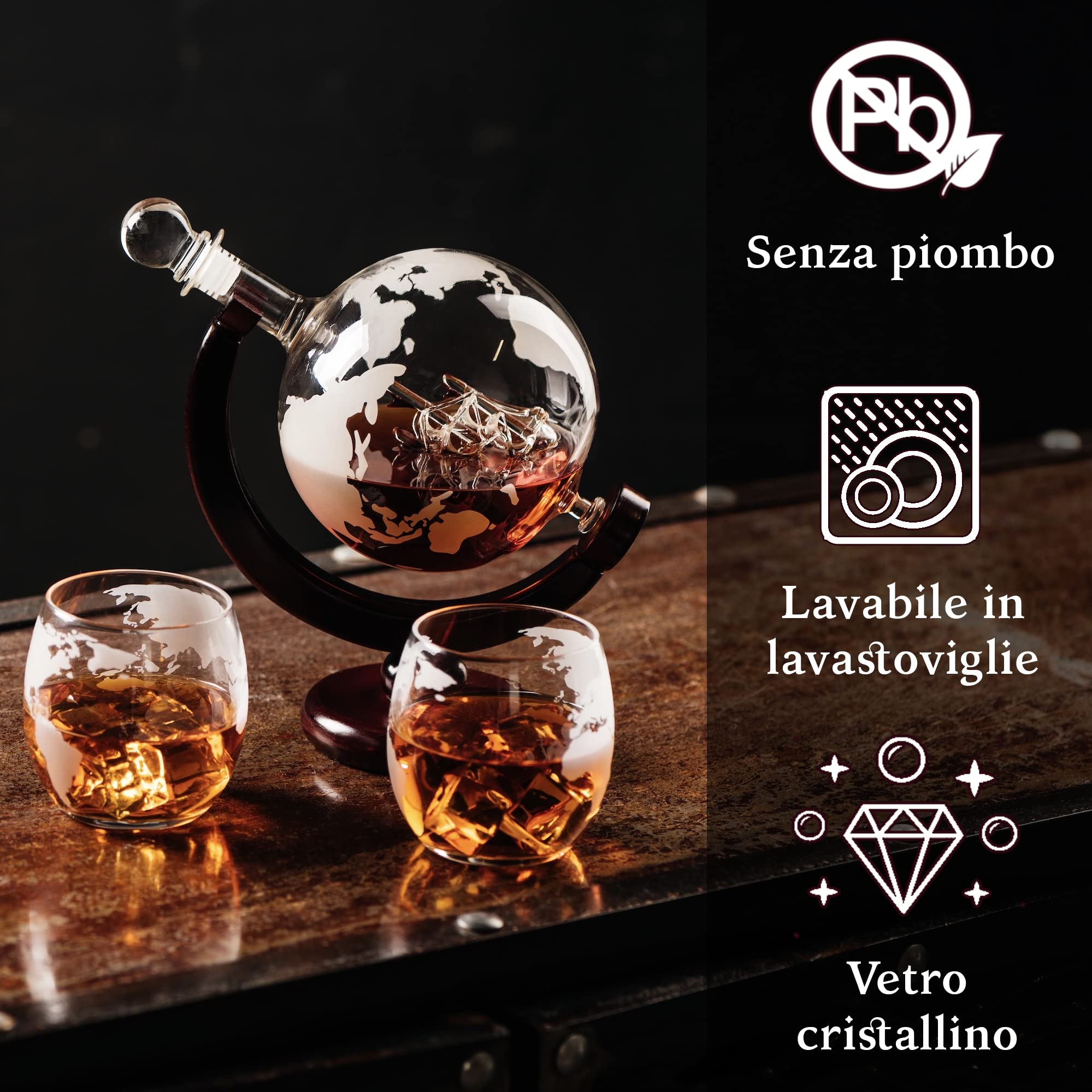 Kemstood Decanter Set Globo 850ml 2 Bicchieri Whisky