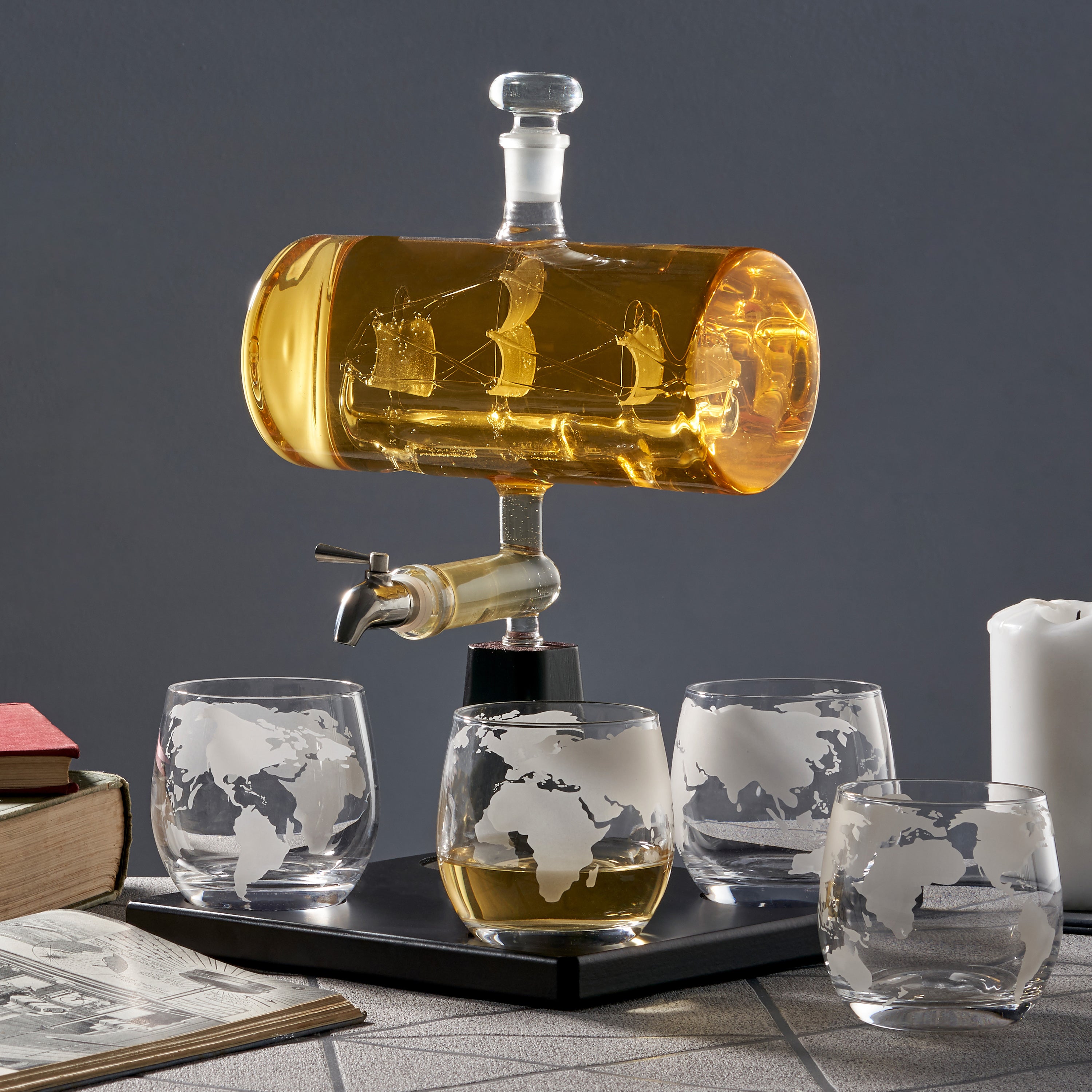 Oak & Steel Glass Ship decanter whisky vetro con 4 bicchieri