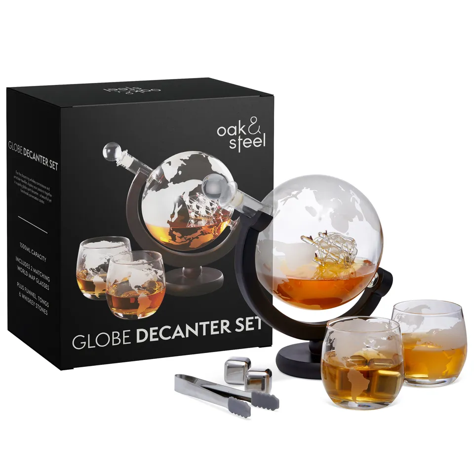 Oak & Steel Glass Globe decanter whisky mappamondo con pietre