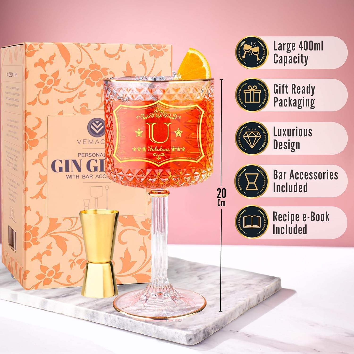 Vemacity Gin Glasses calice gin I bordi oro con jigger