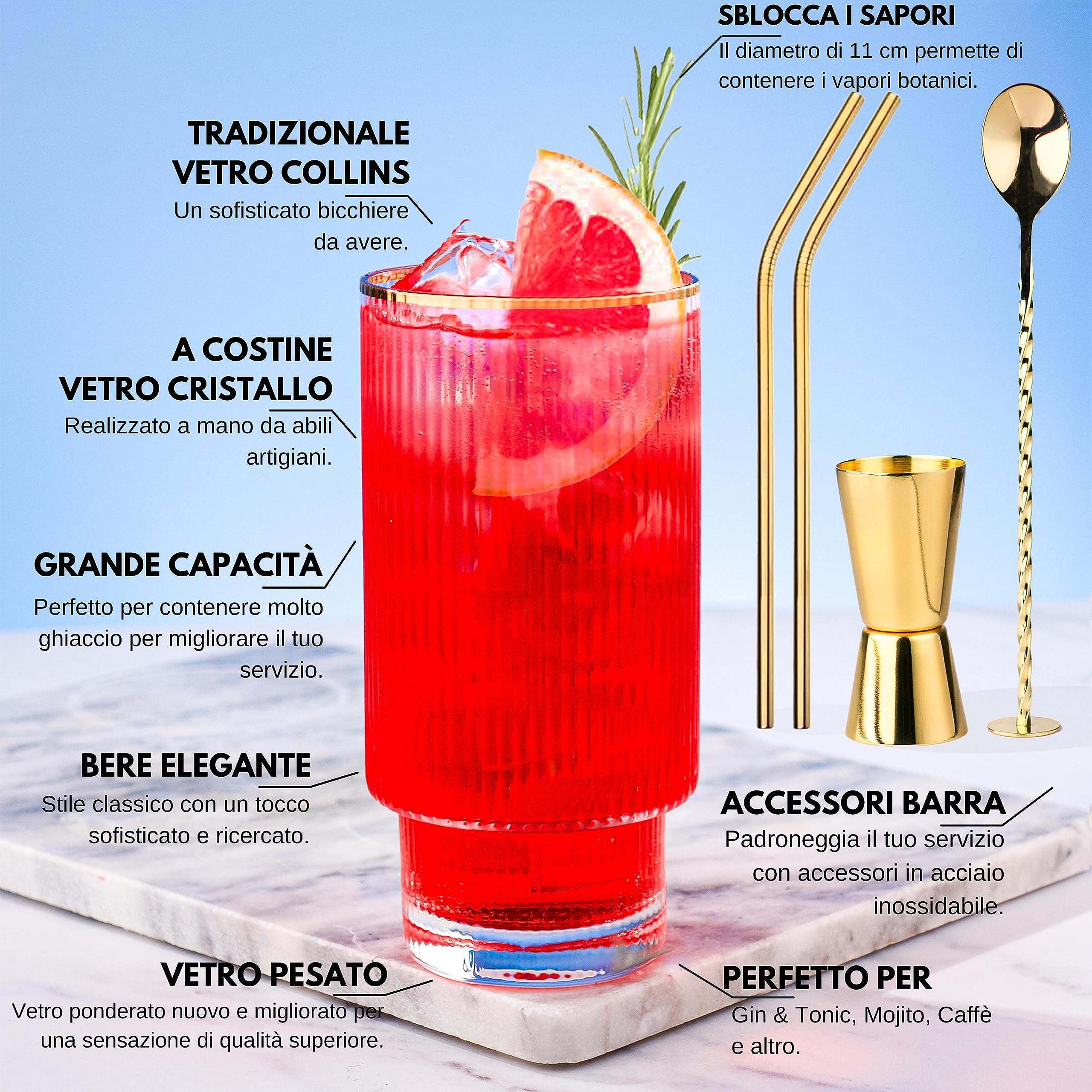 VEMACITY Gin Glasses Bicchiere Gin Tonic Set 2 Bordi Oro