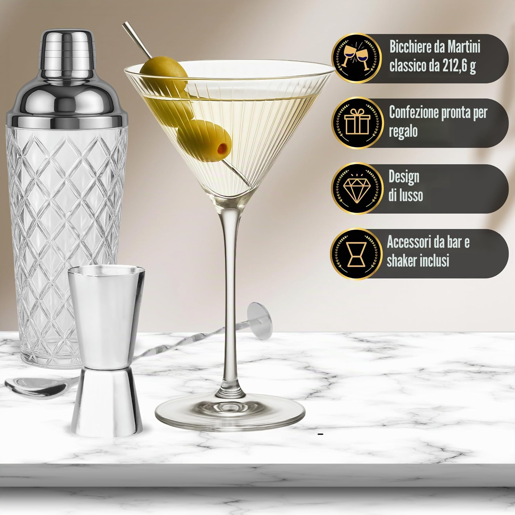 VEMACITY Cocktail Shaker Kits Shaker Vetro 2 Martini Argento