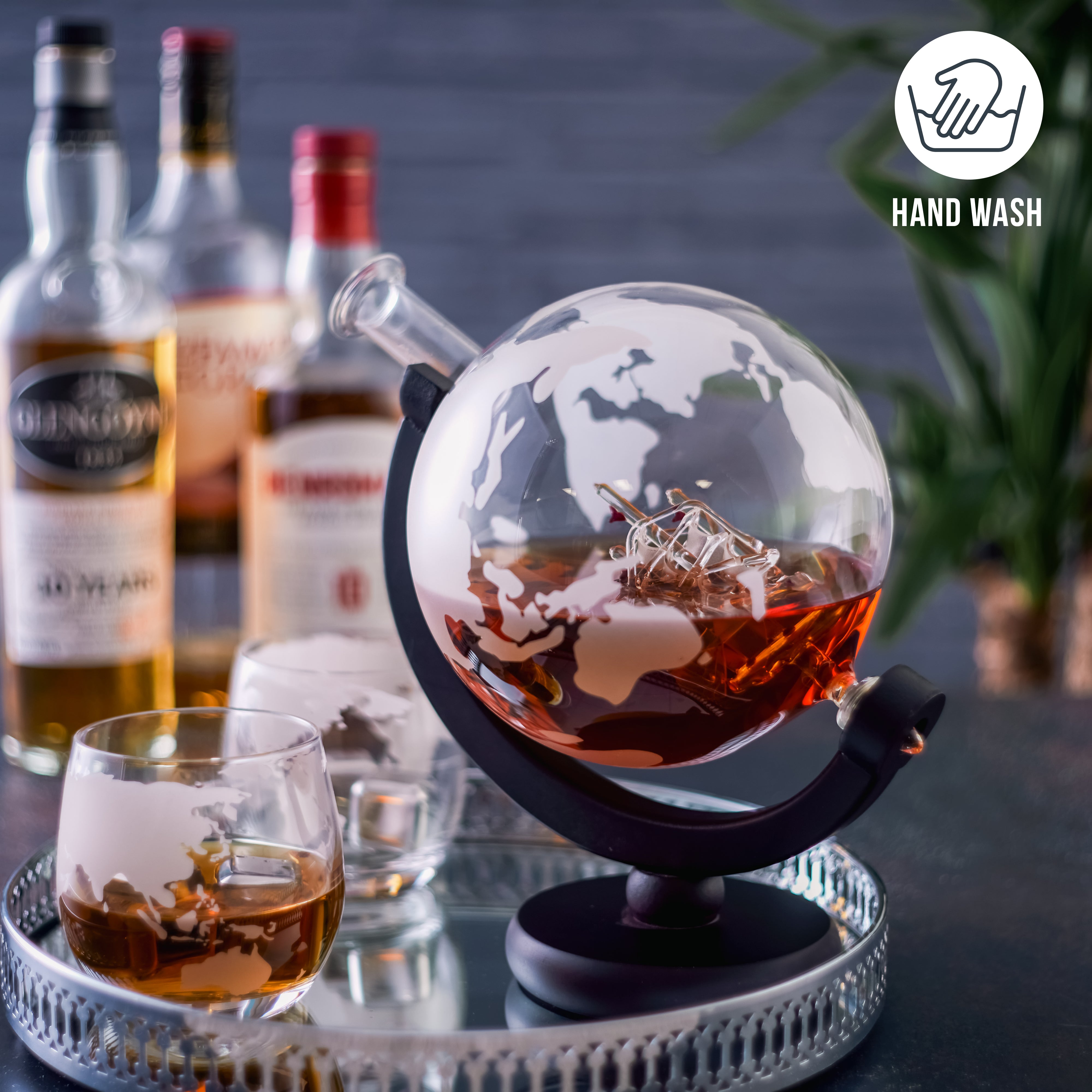 Oak & Steel Glass Globe decanter whisky mappamondo con pietre