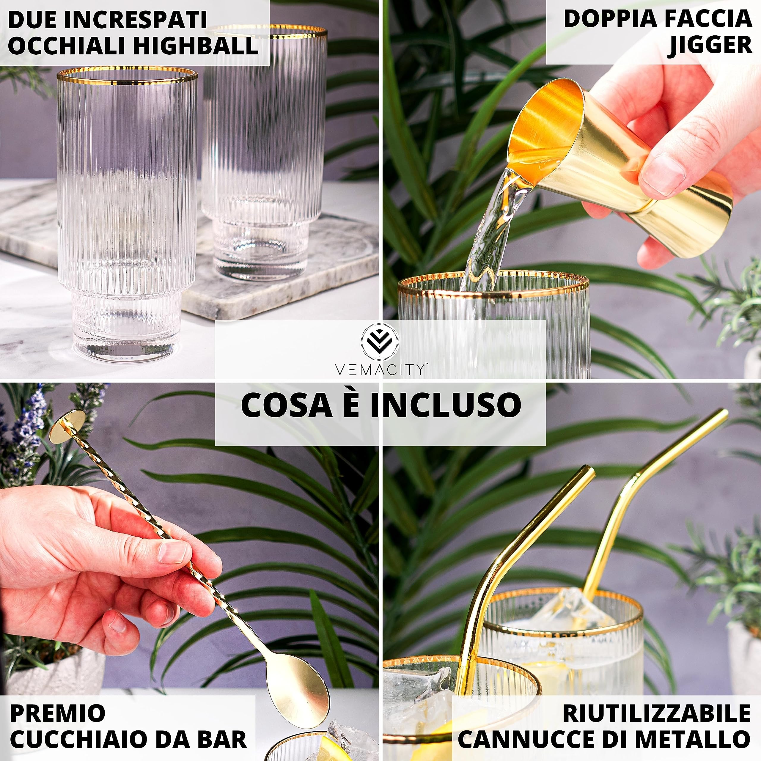 VEMACITY Gin Glasses Bicchiere Gin Tonic Set 2 Bordi Oro