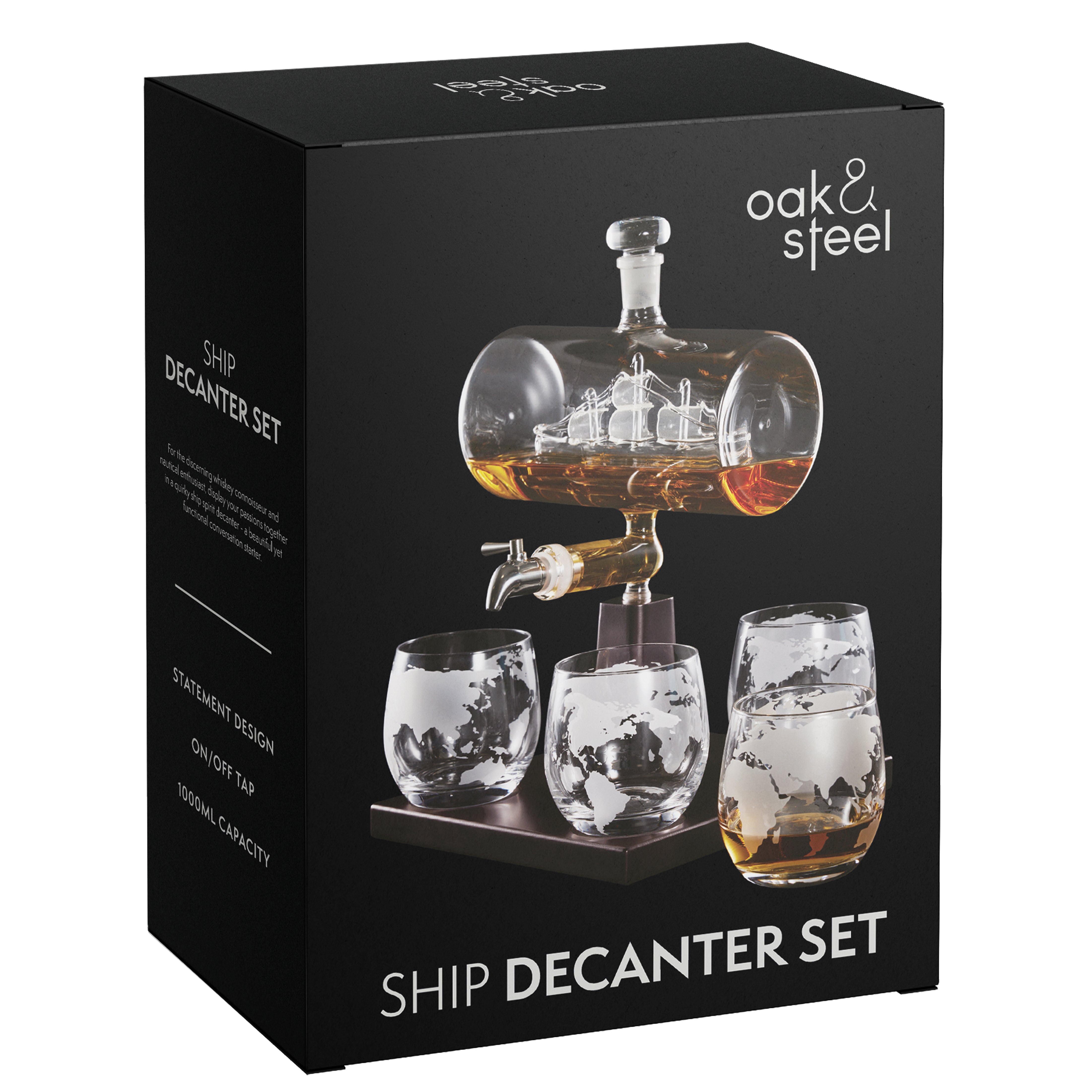 Oak & Steel Glass Ship decanter whisky vetro con 4 bicchieri