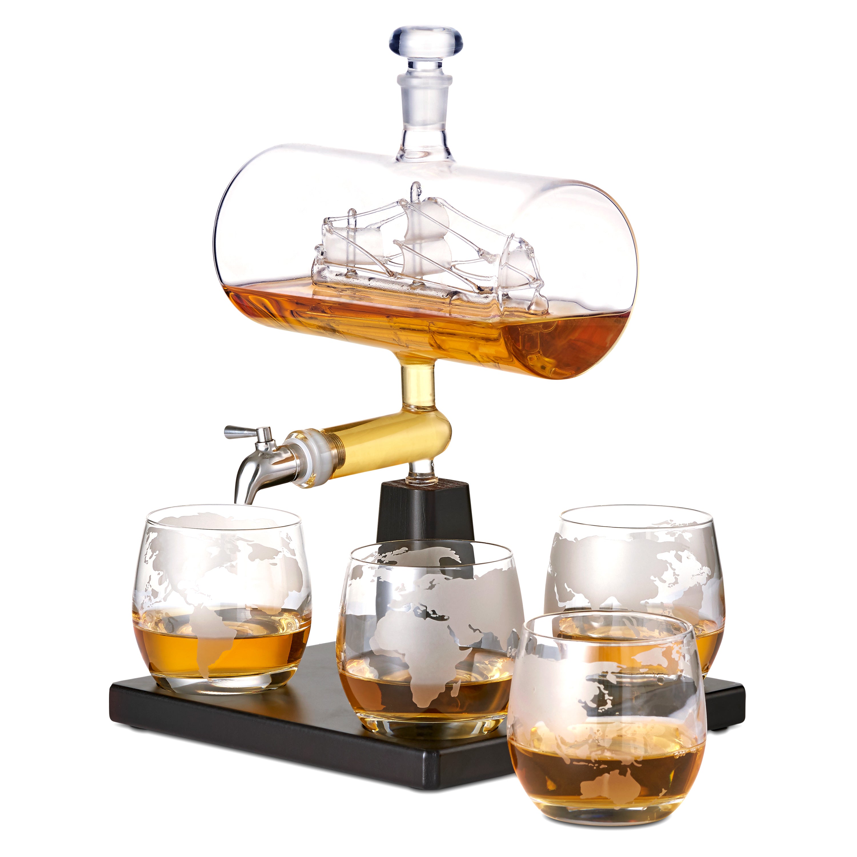 Oak & Steel Glass Ship decanter whisky vetro con 4 bicchieri