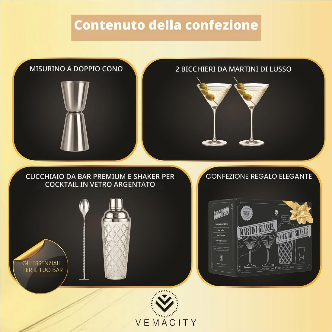 VEMACITY Cocktail Shaker Kits Shaker Vetro 2 Martini Argento