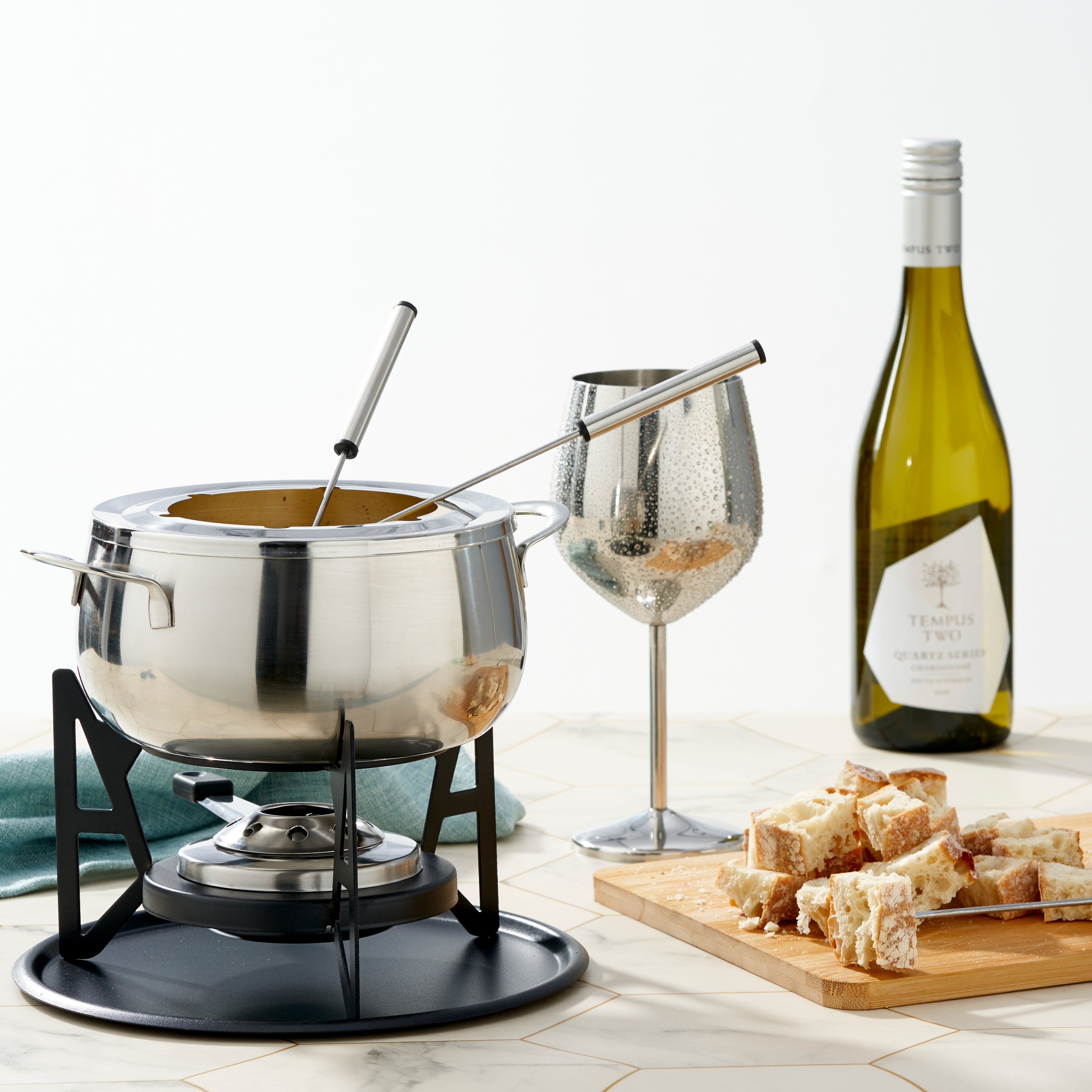 OS Oak & Steel Fondue Set Fonduta Acciaio 6 Forchette