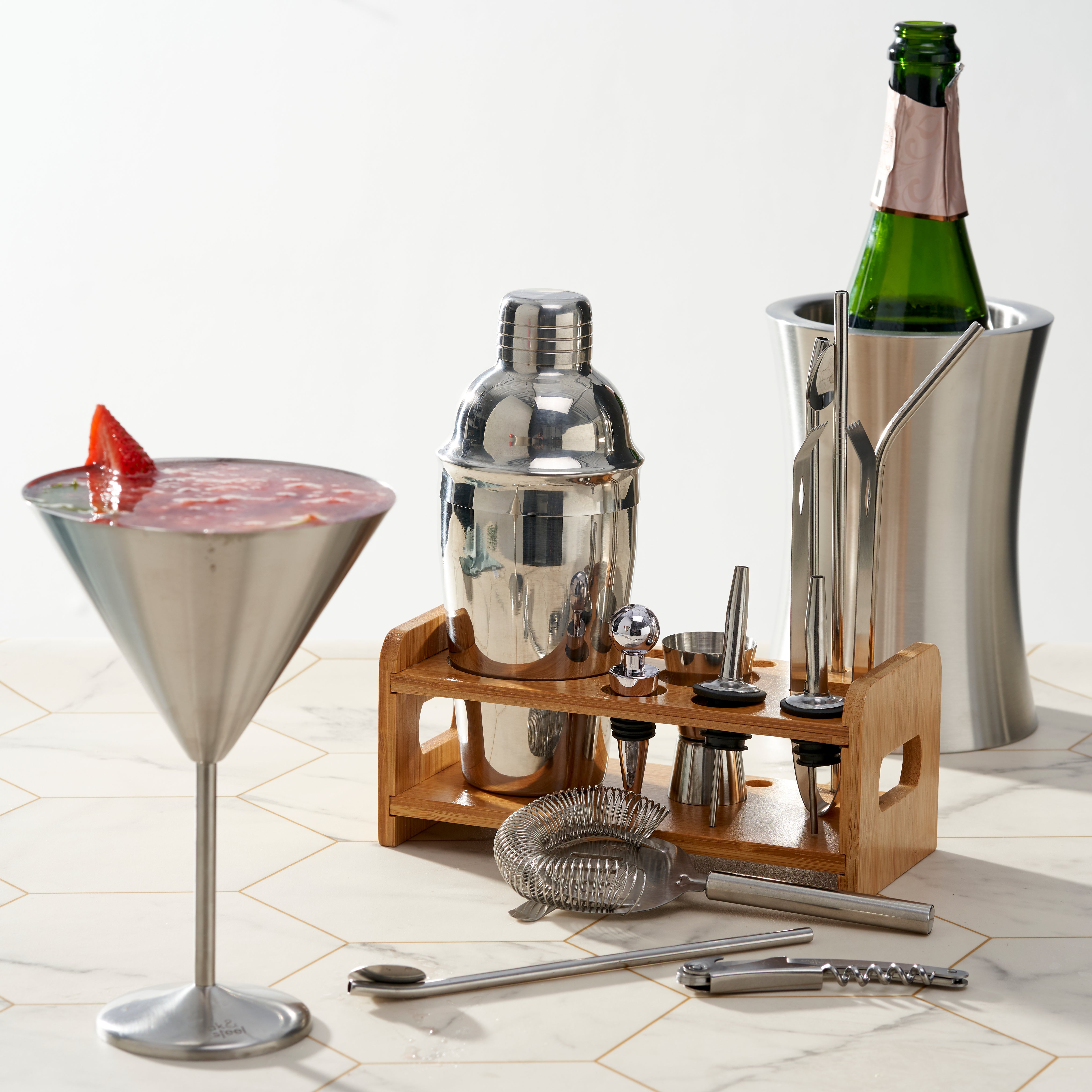 OS Oak & Steel Cocktail Sets set bar 13 pezzi argento legno