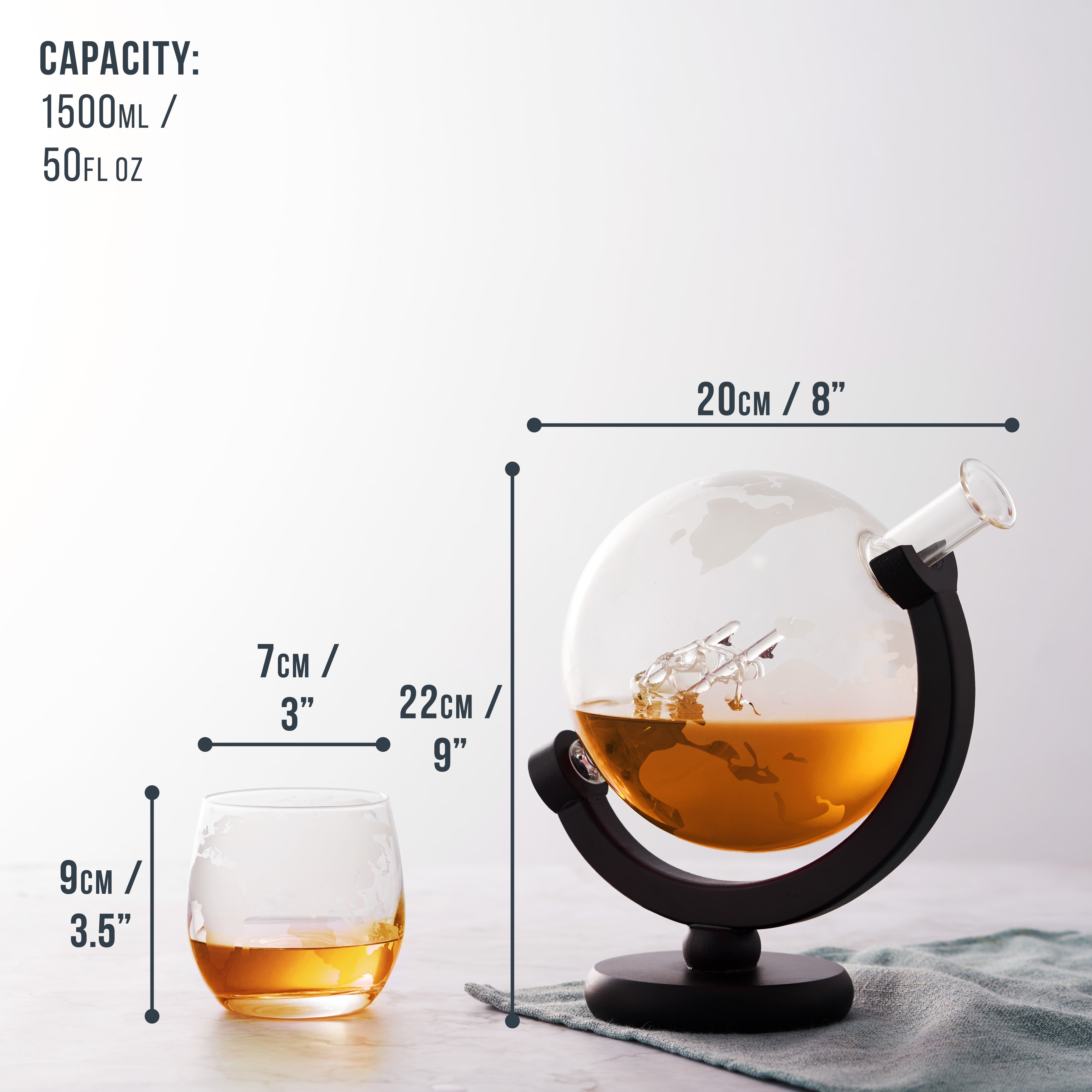 Oak & Steel Glass Globe decanter whisky mappamondo con pietre