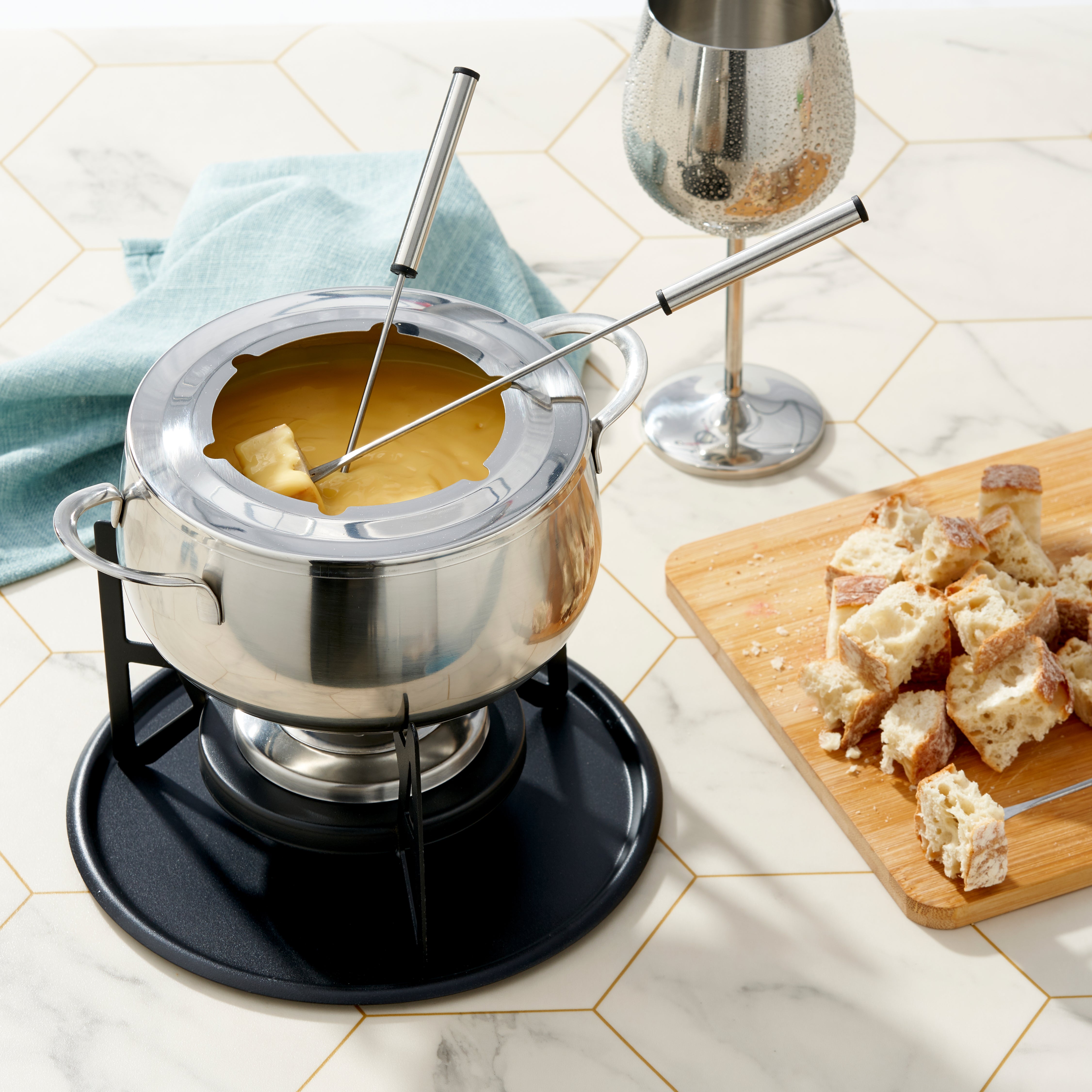 OS Oak & Steel Fondue Set Fonduta Acciaio 6 Forchette