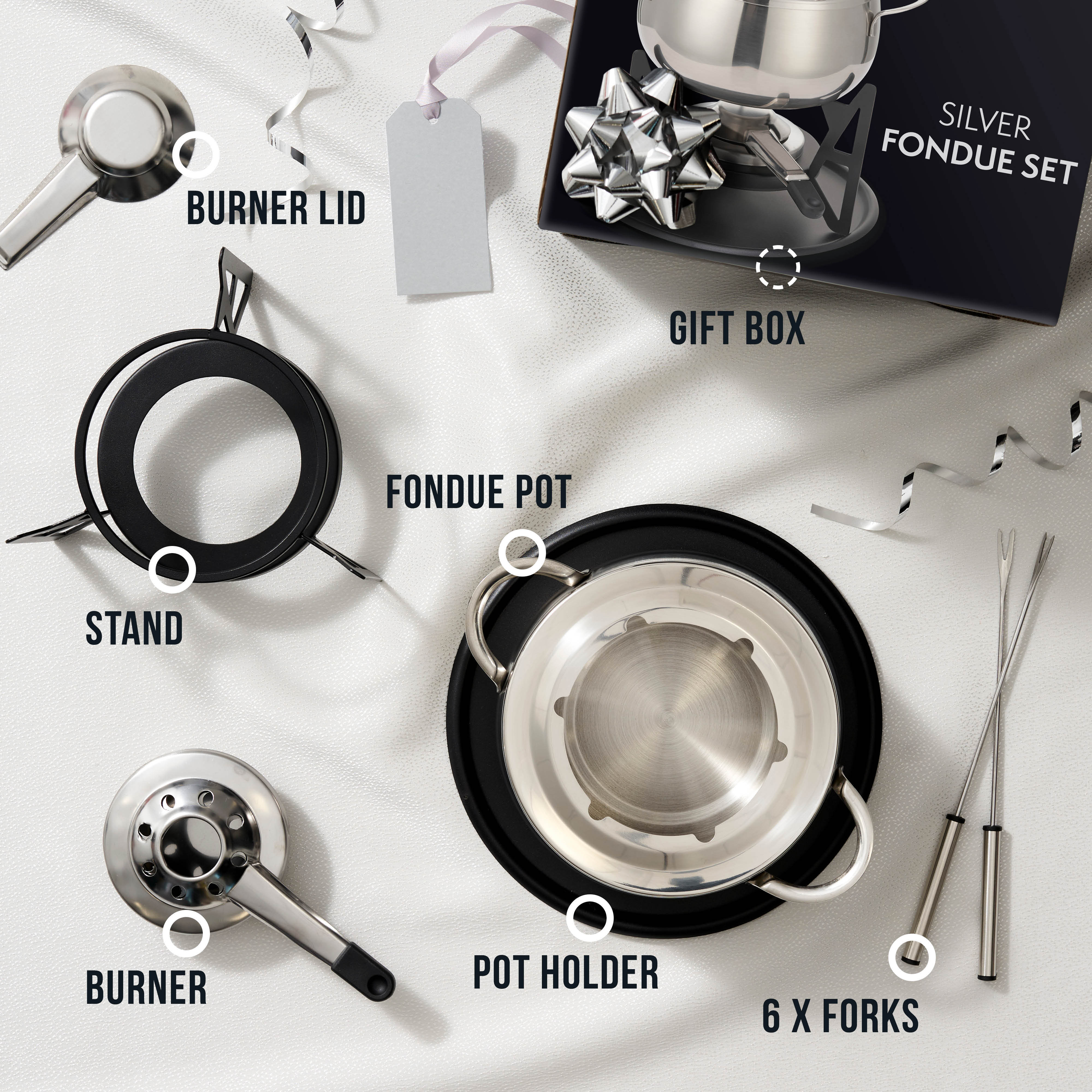 OS Oak & Steel Fondue Set Fonduta Acciaio 6 Forchette