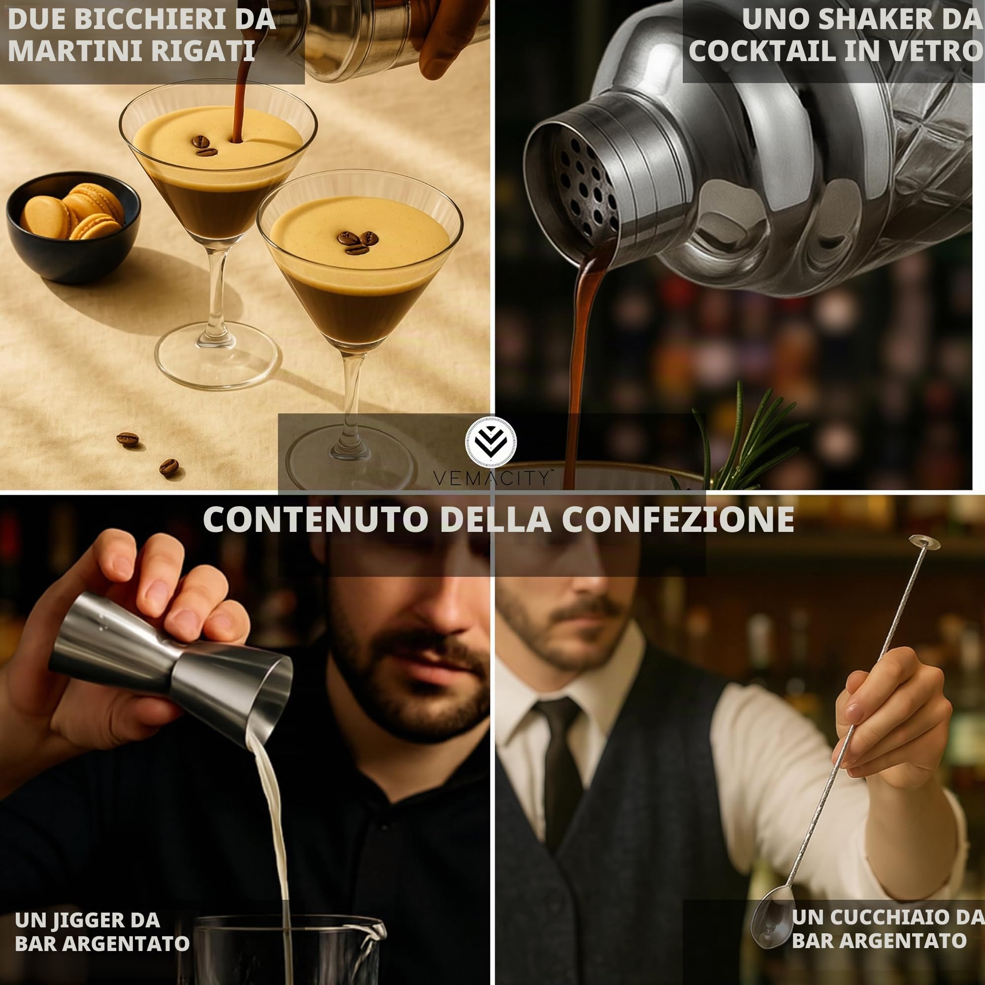 VEMACITY Cocktail Shaker Kits Shaker Vetro 2 Martini Argento