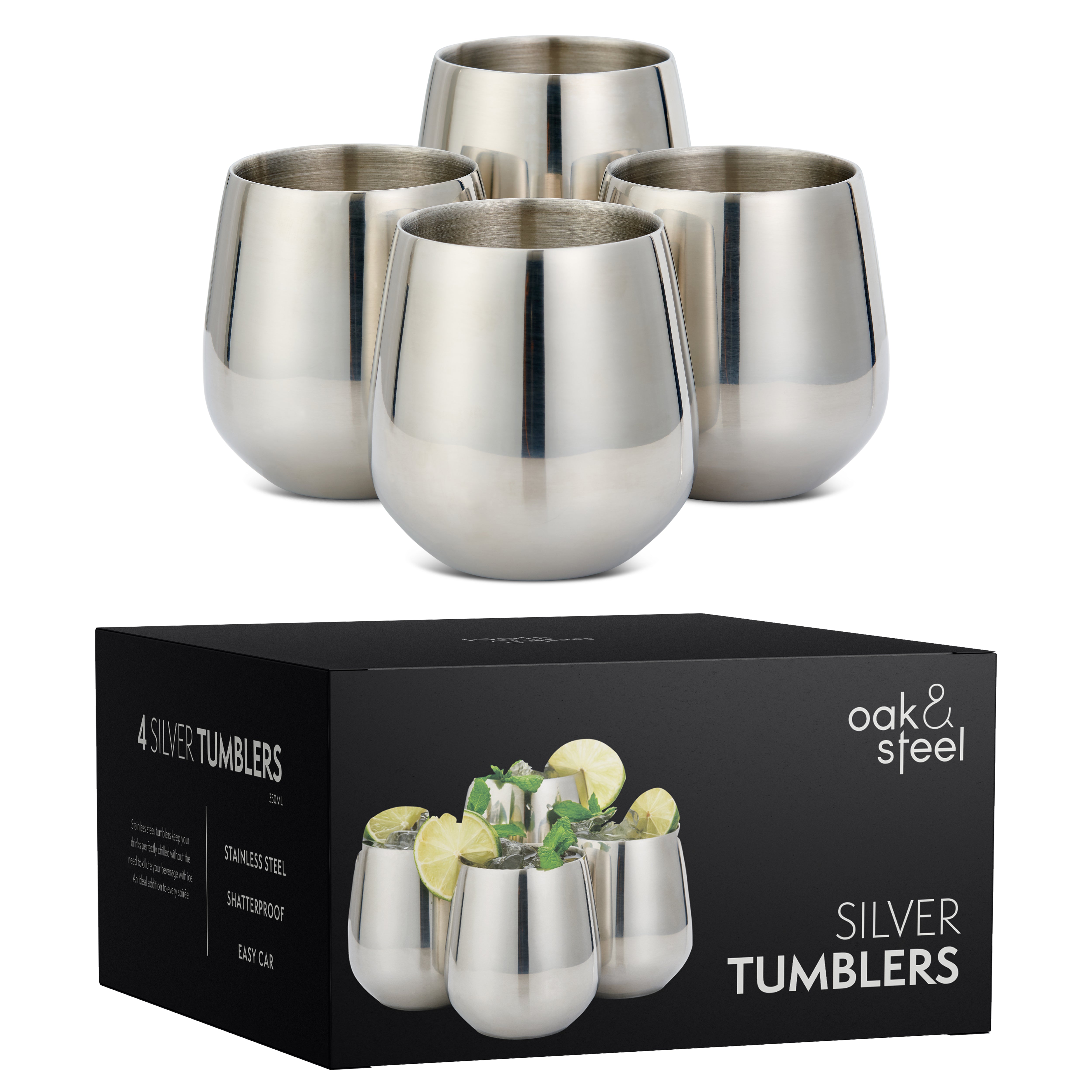 Oak & Steel Tumblers Bicchiere Acciaio Argento 4 Pezzi