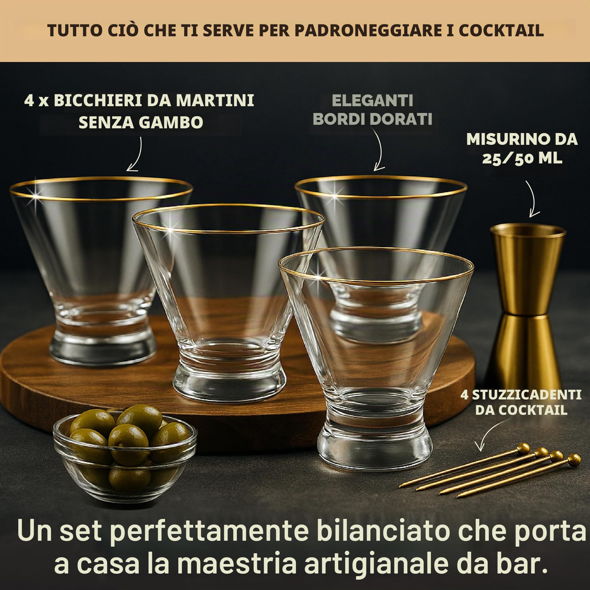 VEMACITY Cocktail Glasses Martini Senza Stelo 4pz 236ml