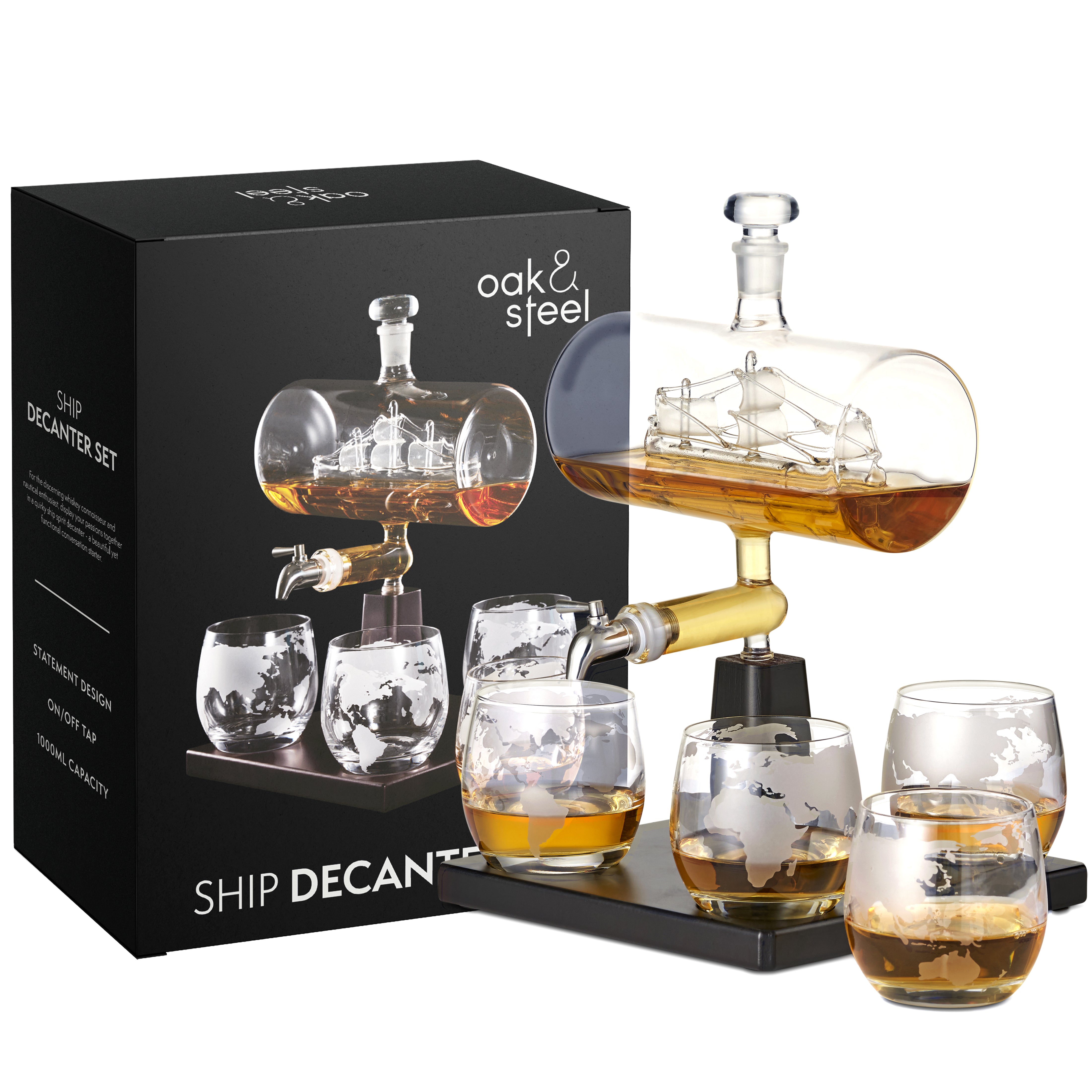 Oak & Steel Glass Ship decanter whisky vetro con 4 bicchieri